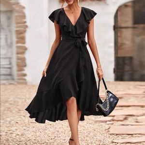 ruffle hem belted midi dress